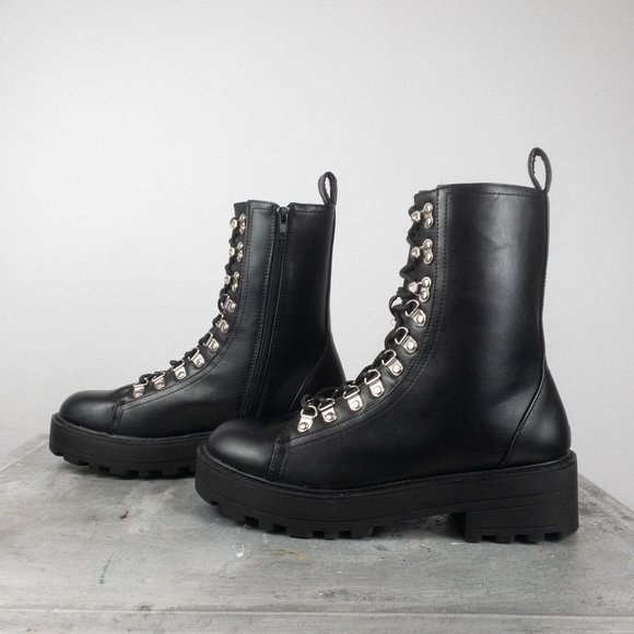 SOLD Nasty Gal Combat Moto Boots Faux Leather Size 9 Chunky Heeled Biker Ankle - Picture 2 of 7